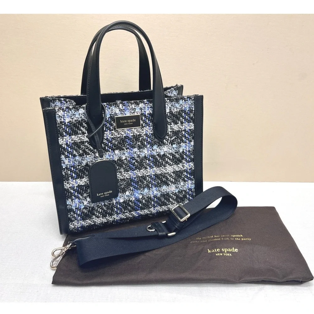 Kate Spade Manhattan Tote Womens Small Blue Black Excellent Tweed Crossbody Bag